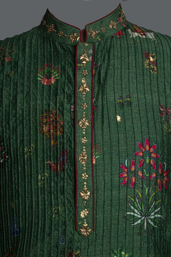 GREEN PRINTED ALL OVER PINTUCKS KURTA SET
