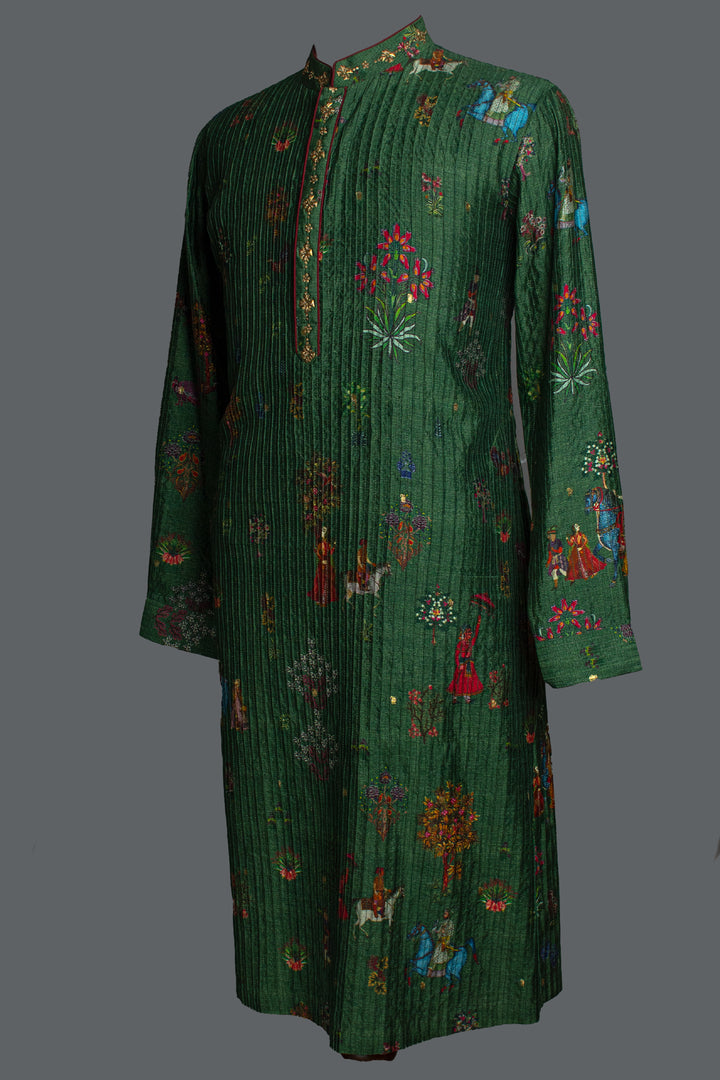 GREEN PRINTED ALL OVER PINTUCKS KURTA SET
