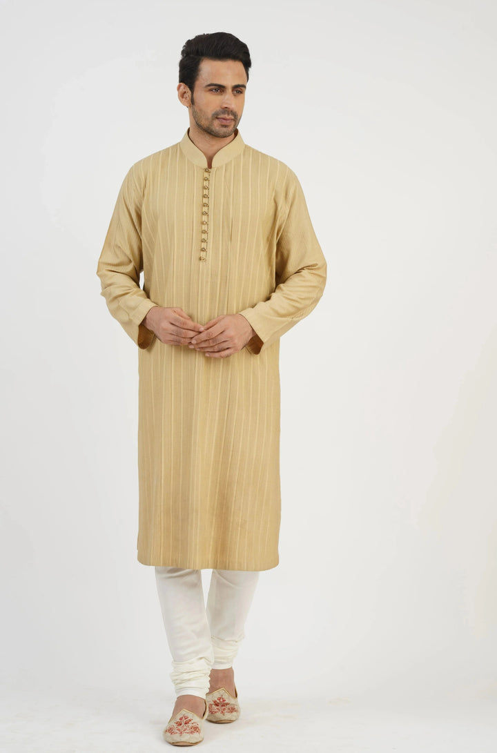 Beige Geometric Embroidered Long Bundi Kurta Set