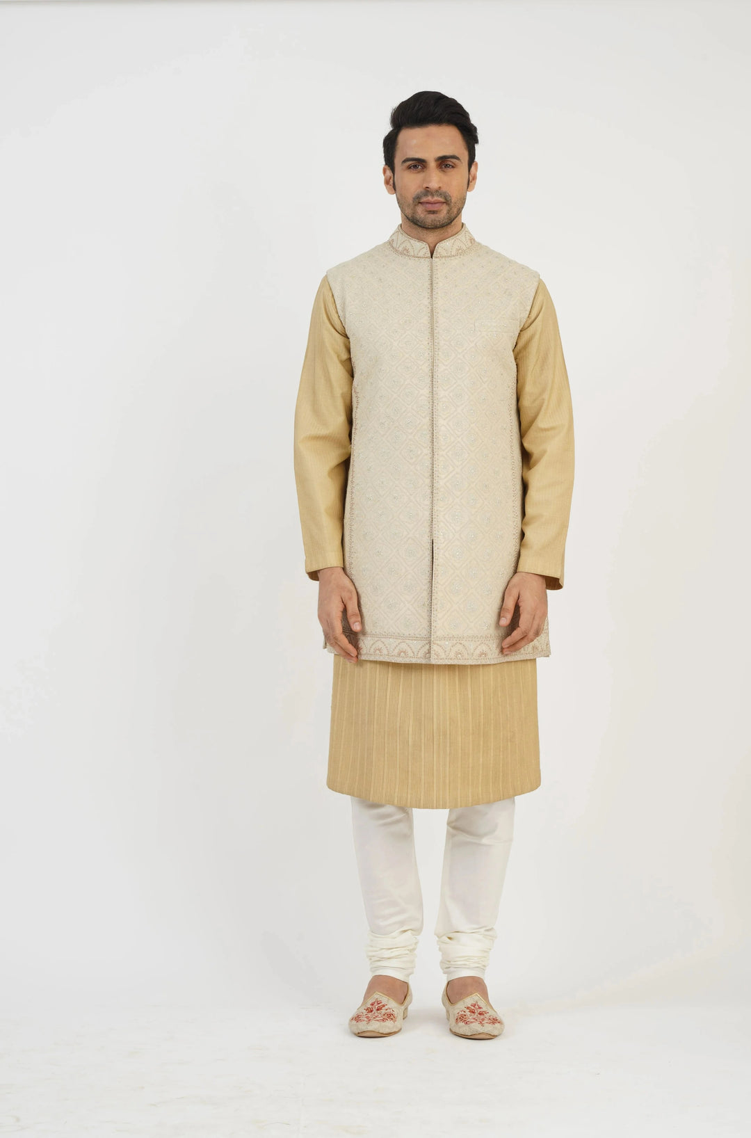 Beige Geometric Embroidered Long Bundi Kurta Set