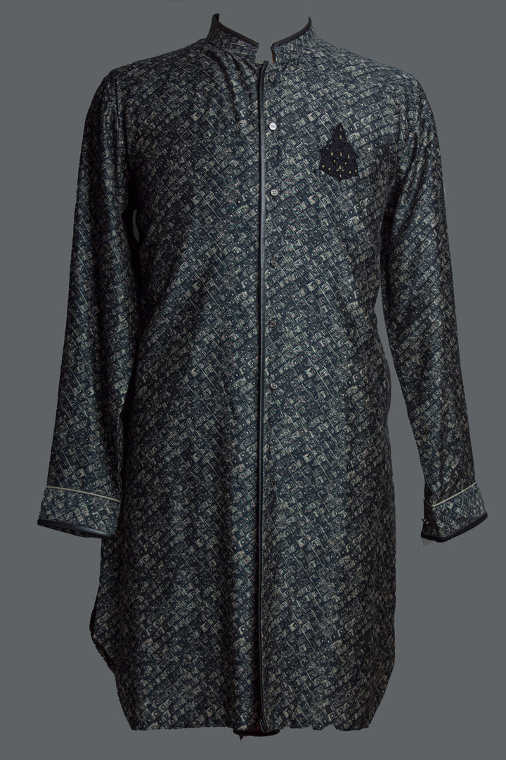 Black Printed Silk Kurta Set