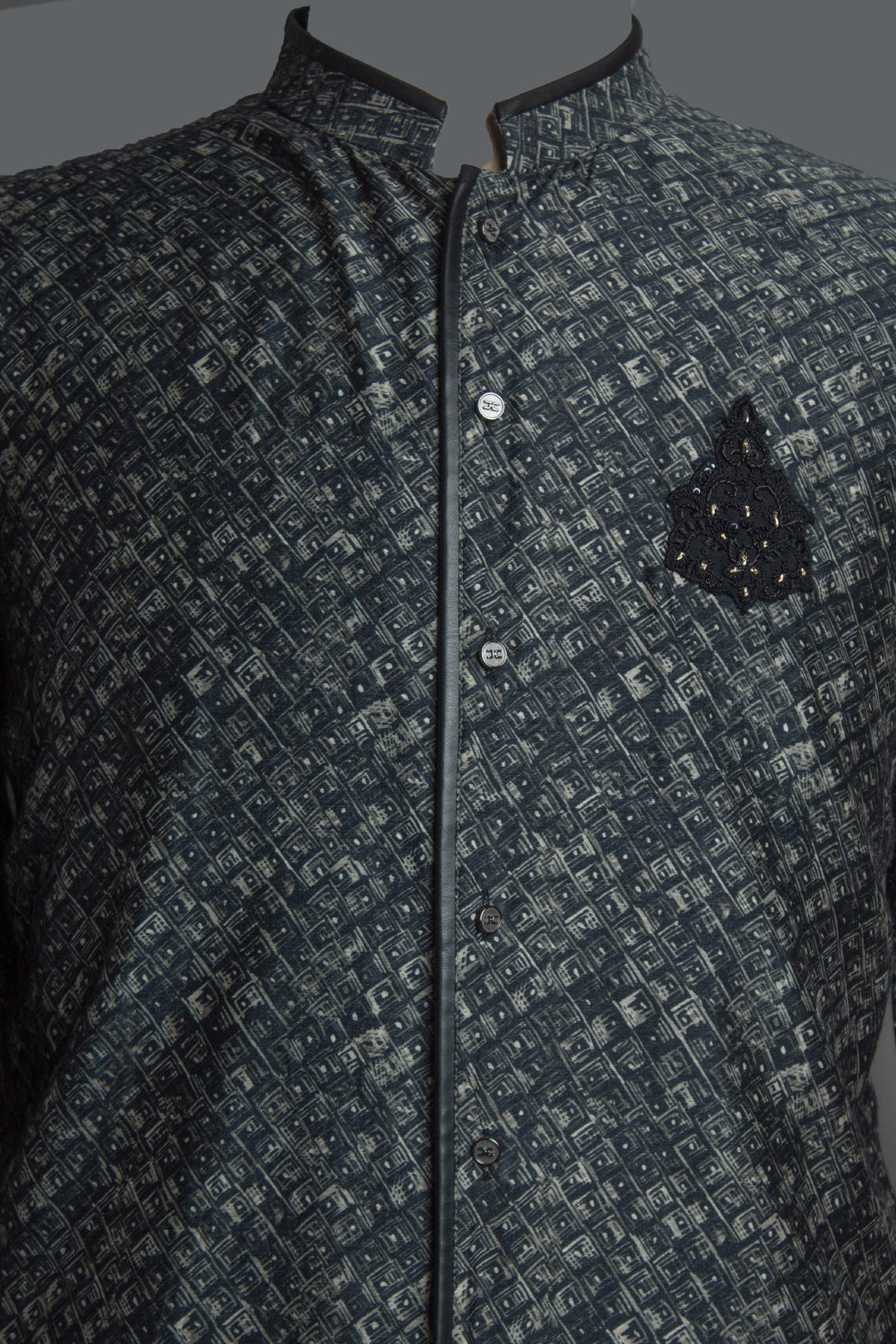 Black Printed Silk Kurta Set