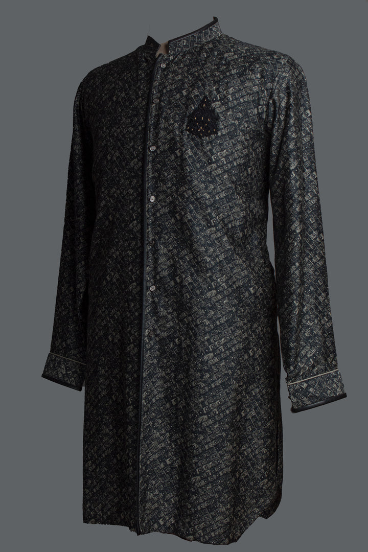 Black Printed Silk Kurta Set