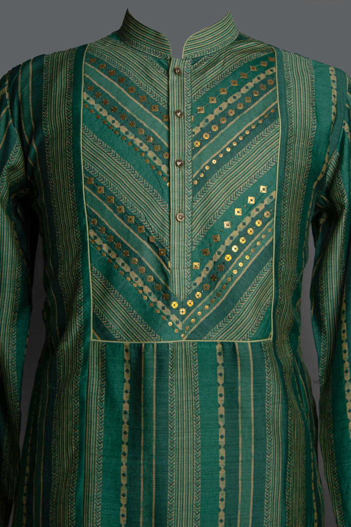 Green Silk Printed Kurta Set