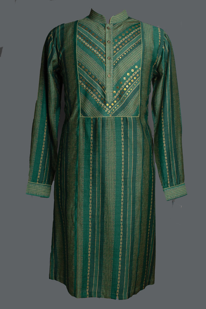 Green Silk Printed Kurta Set