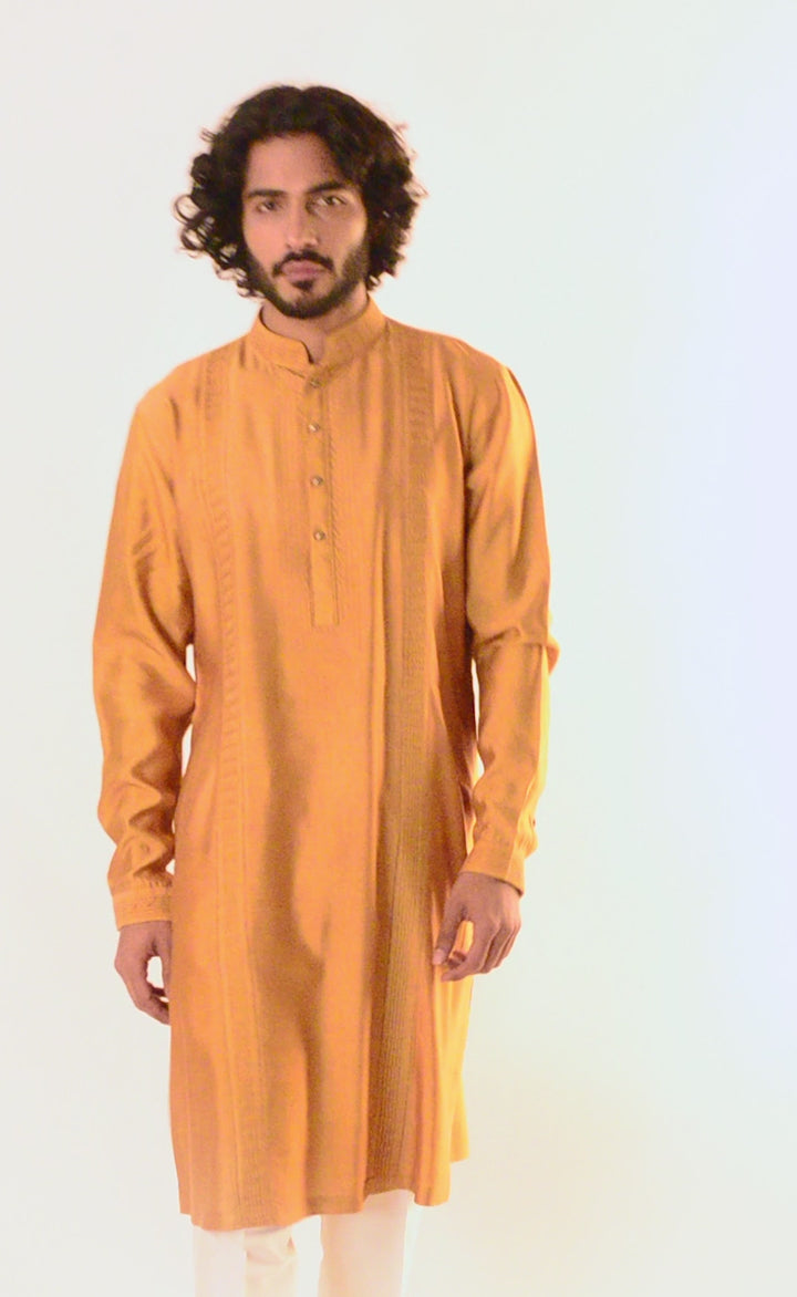 MUSTARD YELLOW NECKLINE AND SIDE PINTUCK PANNEL KURTA (only kurta)