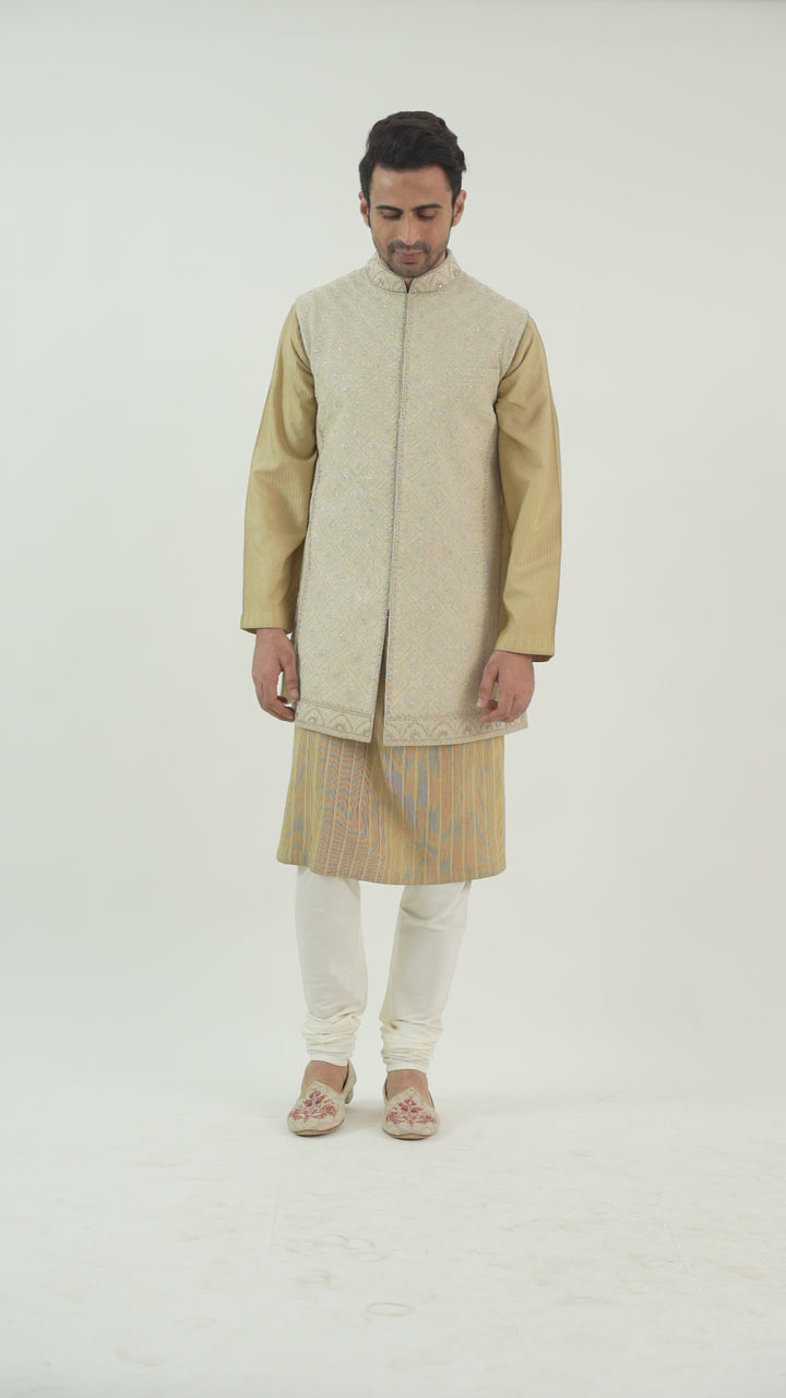 Beige Geometric Embroidered Long Bundi Kurta Set