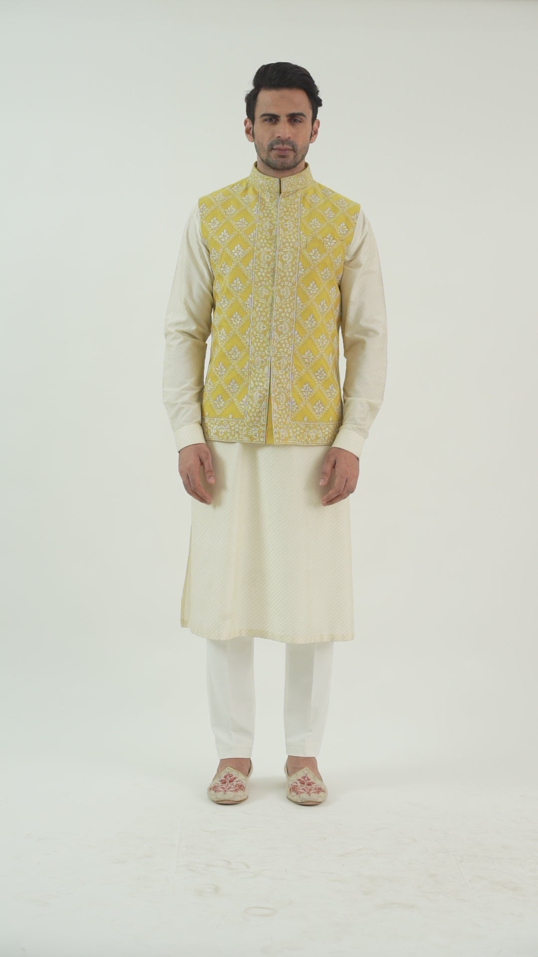 Yellow Embroidered Bundi Kurta Set