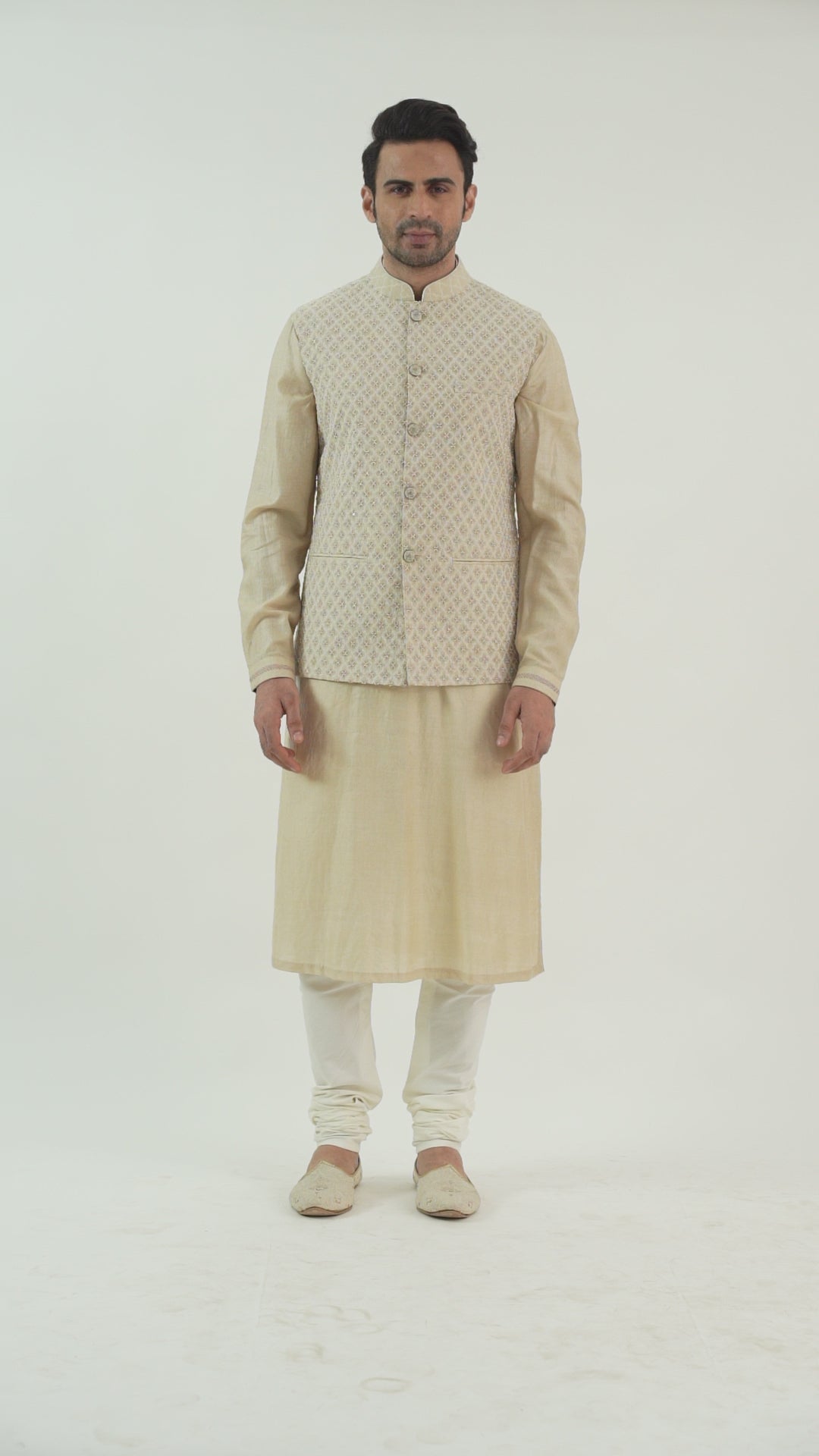 Beige Embroidered Bundi kurta Set