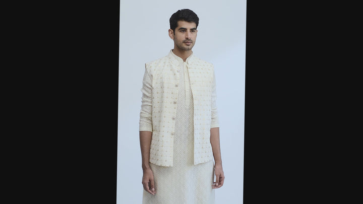 Cream Embroidered Bundi Kurta Set