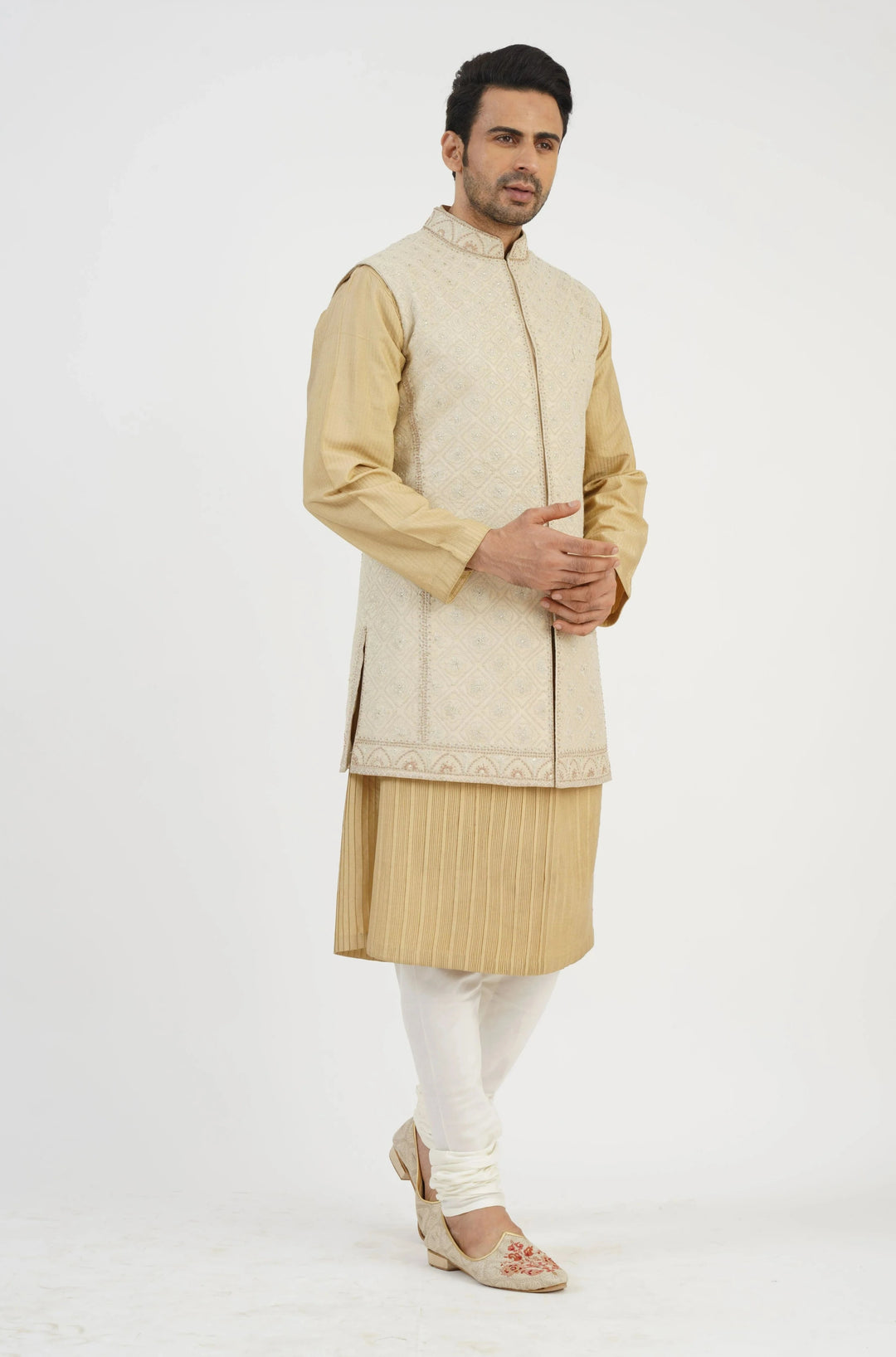 Beige Geometric Embroidered Long Bundi Kurta Set