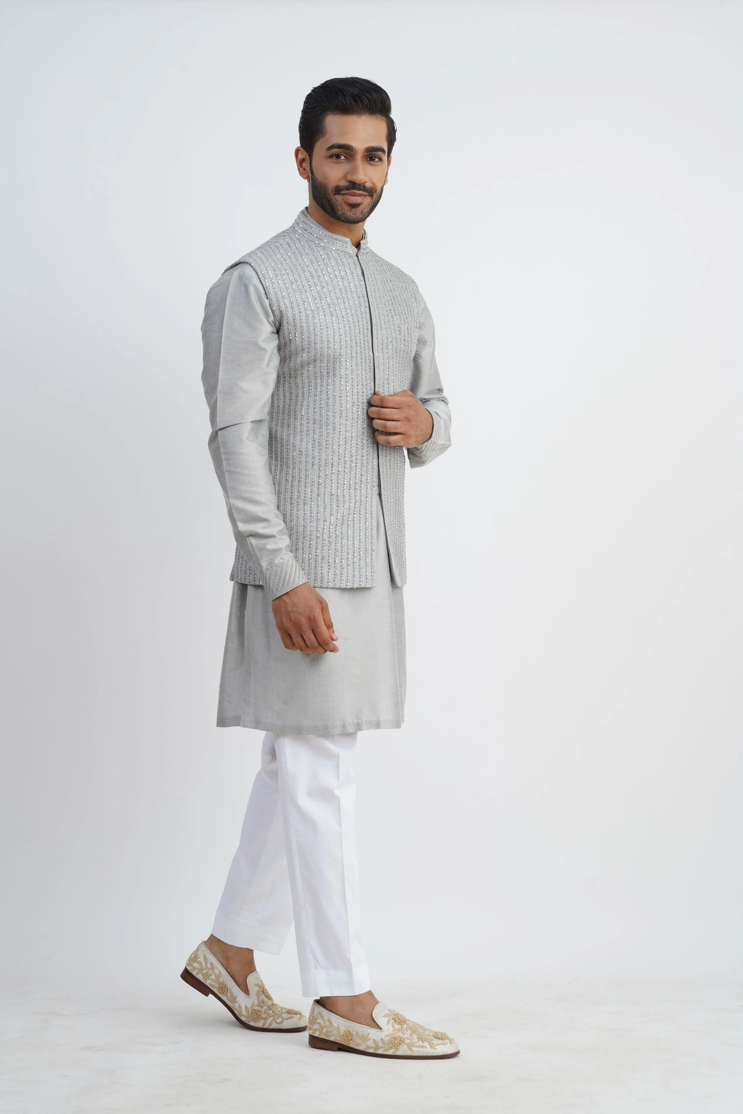 Grey Sequined Bundi Kurta Set