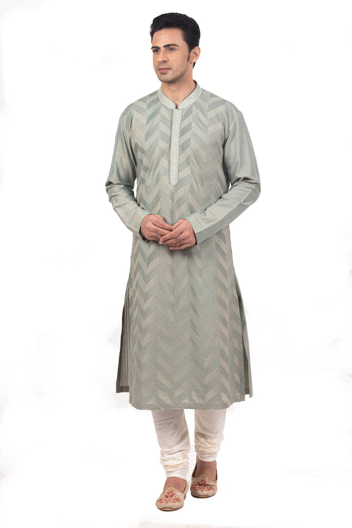 Greyish Green Pintuck Kurta with Hand-embroidered Collar And Placket